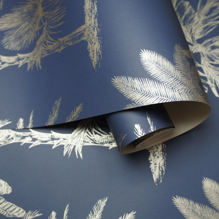 DUTCH WALLCOVERINGS Wallpaper Tropical Trees Navy Blue and Silver - Giant Lobelia