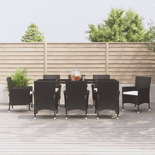 9 Piece Garden Dining Set with Cushions Black Poly Rattan - Giant Lobelia