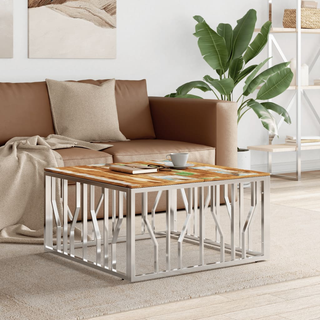 vidaXL Coffee Table Silver Stainless Steel and Solid Wood Reclaimed - Giant Lobelia