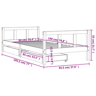 Kids Bed Frame with Drawers White 90x190 cm Solid Wood Pine - Giant Lobelia