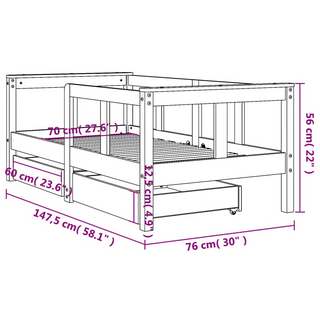 Kids Bed Frame with Drawers White 70x140 cm Solid Wood Pine - Giant Lobelia