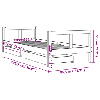 Kids Bed Frame with Drawers White 80x200 cm Solid Wood Pine - Giant Lobelia