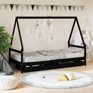 Kids Bed Frame with Drawers Black 90x200 cm Solid Wood Pine - Giant Lobelia