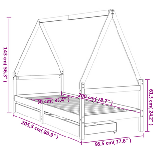 Kids Bed Frame with Drawers Black 90x200 cm Solid Wood Pine - Giant Lobelia