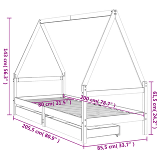 Kids Bed Frame with Drawers Black 80x200 cm Solid Wood Pine - Giant Lobelia