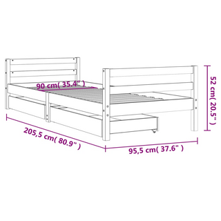 Kids Bed Frame with Drawers Black 90x200 cm Solid Wood Pine - Giant Lobelia