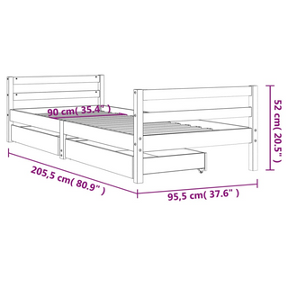 Kids Bed Frame with Drawers White 90x200 cm Solid Wood Pine - Giant Lobelia