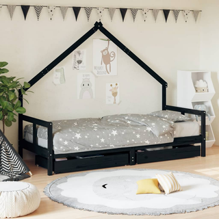 Kids Bed Frame with Drawers Black 80x200 cm Solid Wood Pine - Giant Lobelia