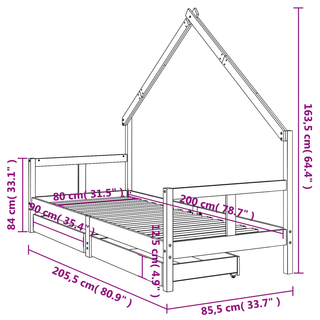 Kids Bed Frame with Drawers Black 80x200 cm Solid Wood Pine - Giant Lobelia