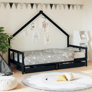 Kids Bed Frame with Drawers Black 90x190 cm Solid Wood Pine - Giant Lobelia