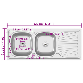 vidaXL Kitchen Sink with Double Sinks Silver 1200x500x155 mm Stainless Steel - Giant Lobelia