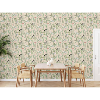 DUTCH WALLCOVERINGS Wallpaper Flamingo Cream and Mint - Giant Lobelia