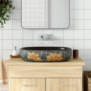 vidaXL Countertop Basin Grey and Black Oval 59x40x14 cm Ceramic - Giant Lobelia