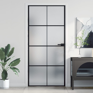 vidaXL Interior Door Slim Black 93x201.5 cm Tempered Glass and Aluminium - Giant Lobelia