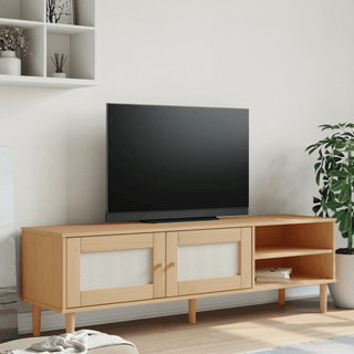 vidaXL TV Cabinet SENJA Rattan Look Brown Solid Wood Pine - Spacious Storage, Rustic Design, Decorative and Functional - Giant Lobelia