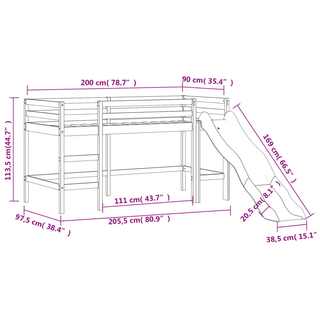 Kids' Loft Bed with Slide Black 90x200 cm Solid Wood Pine - Giant Lobelia