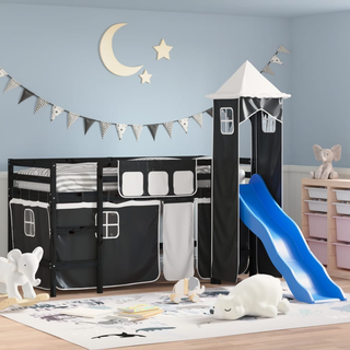 Kids' Loft Bed with Tower White&Black 80x200cm Solid Wood Pine - Giant Lobelia