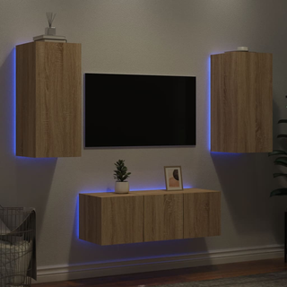 4 Piece TV Wall Units with LED Sonoma Oak Engineered Wood - Giant Lobelia