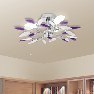 Ceiling Lamp White & Purple Acrylic Crystal Leaf Arms 3 E14 Bulbs - Giant Lobelia