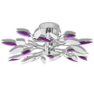 Ceiling Lamp White & Purple Acrylic Crystal Leaf Arms 3 E14 Bulbs - Giant Lobelia