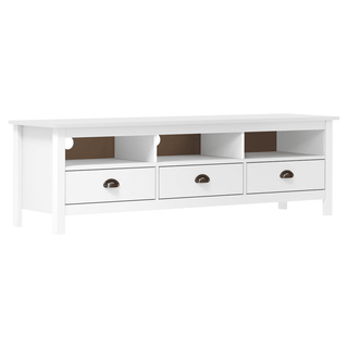 TV Cabinet Hill White - Retro Design, Solid Pine Wood, 3 Shelves, 3 Drawers - Giant Lobelia