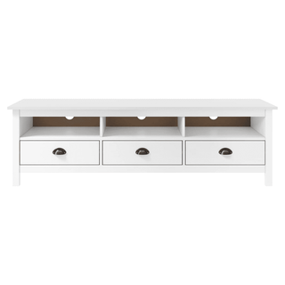 TV Cabinet Hill White - Retro Design, Solid Pine Wood, 3 Shelves, 3 Drawers - Giant Lobelia