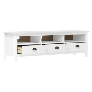 TV Cabinet Hill White - Retro Design, Solid Pine Wood, 3 Shelves, 3 Drawers - Giant Lobelia