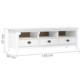 TV Cabinet Hill White - Retro Design, Solid Pine Wood, 3 Shelves, 3 Drawers - Giant Lobelia