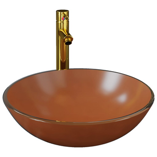 Bathroom Sink with Tap and Push Drain Brown Tempered Glass - Giant Lobelia