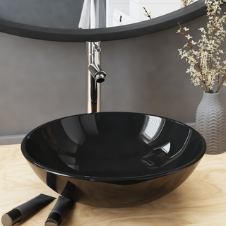 Bathroom Sink with Tap and Push Drain Black Tempered Glass - Giant Lobelia