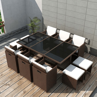 11 Piece Outdoor Dining Set with Cushions Poly Rattan Brown - Giant Lobelia