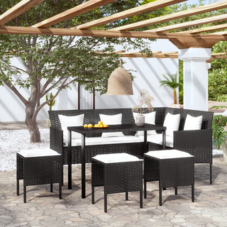 5 Piece L-shaped Couch Sofa Set with Cushions Poly Rattan Black - Giant Lobelia