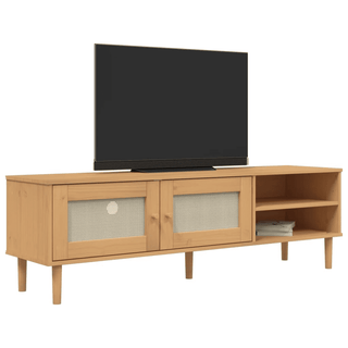 vidaXL TV Cabinet SENJA Rattan Look Brown Solid Wood Pine - Spacious Storage, Rustic Design, Decorative and Functional - Giant Lobelia