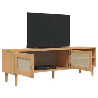 vidaXL TV Cabinet SENJA Rattan Look Brown Solid Wood Pine - Spacious Storage, Rustic Design, Decorative and Functional - Giant Lobelia