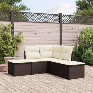 5 Piece Garden Sofa Set with Cushions Brown Poly Rattan - Giant Lobelia