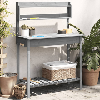 vidaXL Potting Table with Sink Grey 147.5x44x139.5 cm Solid Wood Fir - Giant Lobelia