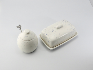 Butter Dish and Sugar Bowl Set - Light Blue Speckled Glaze - Giant Lobelia