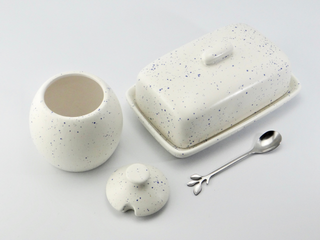 Butter Dish and Sugar Bowl Set - Light Blue Speckled Glaze - Giant Lobelia