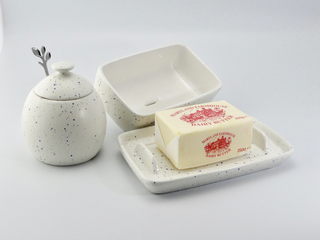 Butter Dish and Sugar Bowl Set - Light Blue Speckled Glaze - Giant Lobelia