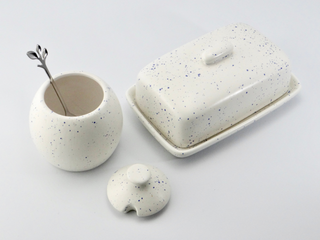 Butter Dish and Sugar Bowl Set - Light Blue Speckled Glaze - Giant Lobelia