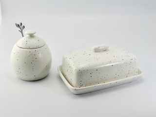 Butter Dish and Sugar Bowl Set - Light Blue Speckled Glaze - Giant Lobelia