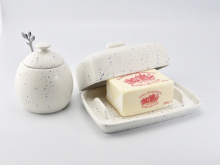 Butter Dish and Sugar Bowl Set - Light Blue Speckled Glaze - Giant Lobelia