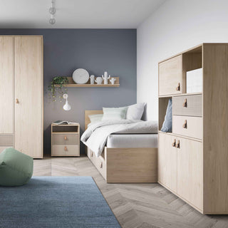 Denim 90cm Bed with 1 Drawer in Light Walnut, Grey Fabric Effect and Cashmere - Giant Lobelia