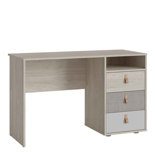 Denim 3 Drawer Desk in Light Walnut, Grey Fabric Effect and Cashmere - Giant Lobelia