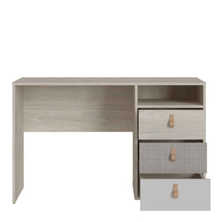 Denim 3 Drawer Desk in Light Walnut, Grey Fabric Effect and Cashmere - Giant Lobelia