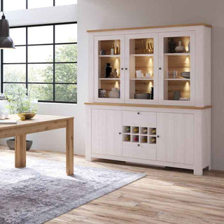 2 Door 2 Drawer Sideboard with 3 Door Display Top Unit in White and Oak - Giant Lobelia