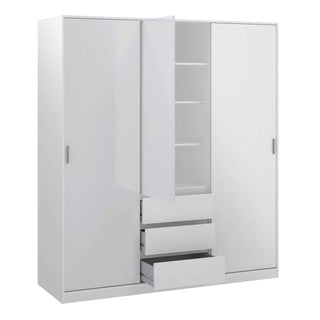 Naia Wardrobe with 2 Sliding Doors 1 Door 3 Drawers in White High Gloss - Giant Lobelia