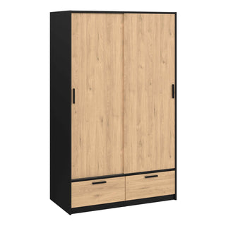 Line Wardrobe with 2 Doors 2 Drawers in Black and Jackson Hickory Oak - Giant Lobelia