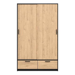 Line Wardrobe with 2 Doors 2 Drawers in Black and Jackson Hickory Oak - Giant Lobelia