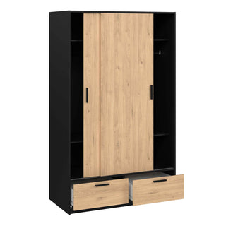 Line Wardrobe with 2 Doors 2 Drawers in Black and Jackson Hickory Oak - Giant Lobelia